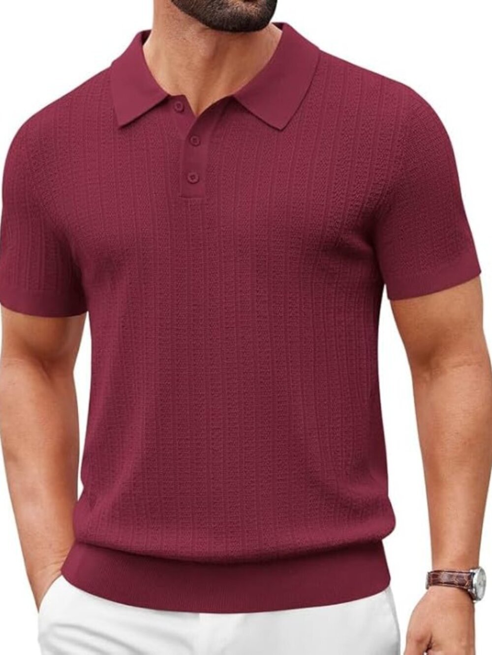 Men's Wine Red Casual Knit Polo Short Sleeve Slim T-Shirts Fit Textured